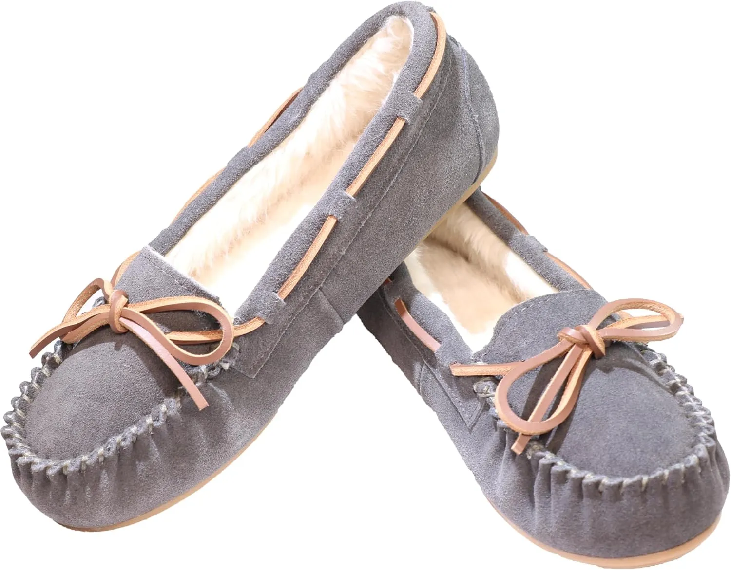 Women's Moccasin Slippers Cow Suede Warm Faux Fur Pile Lined Lace-Up Bow Cozy Indoor & Outdoor Slip On Loafers Shoes for Women