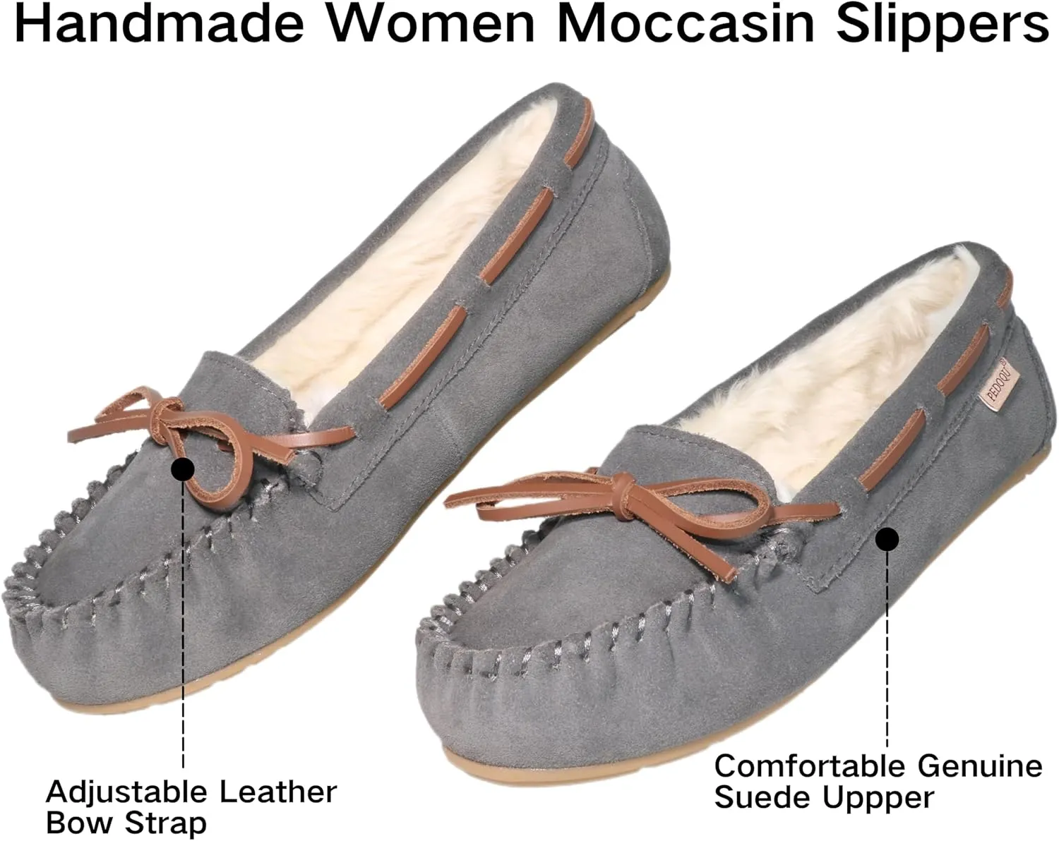 Women's Moccasin Slippers Cow Suede Warm Faux Fur Pile Lined Lace-Up Bow Cozy Indoor & Outdoor Slip On Loafers Shoes for Women