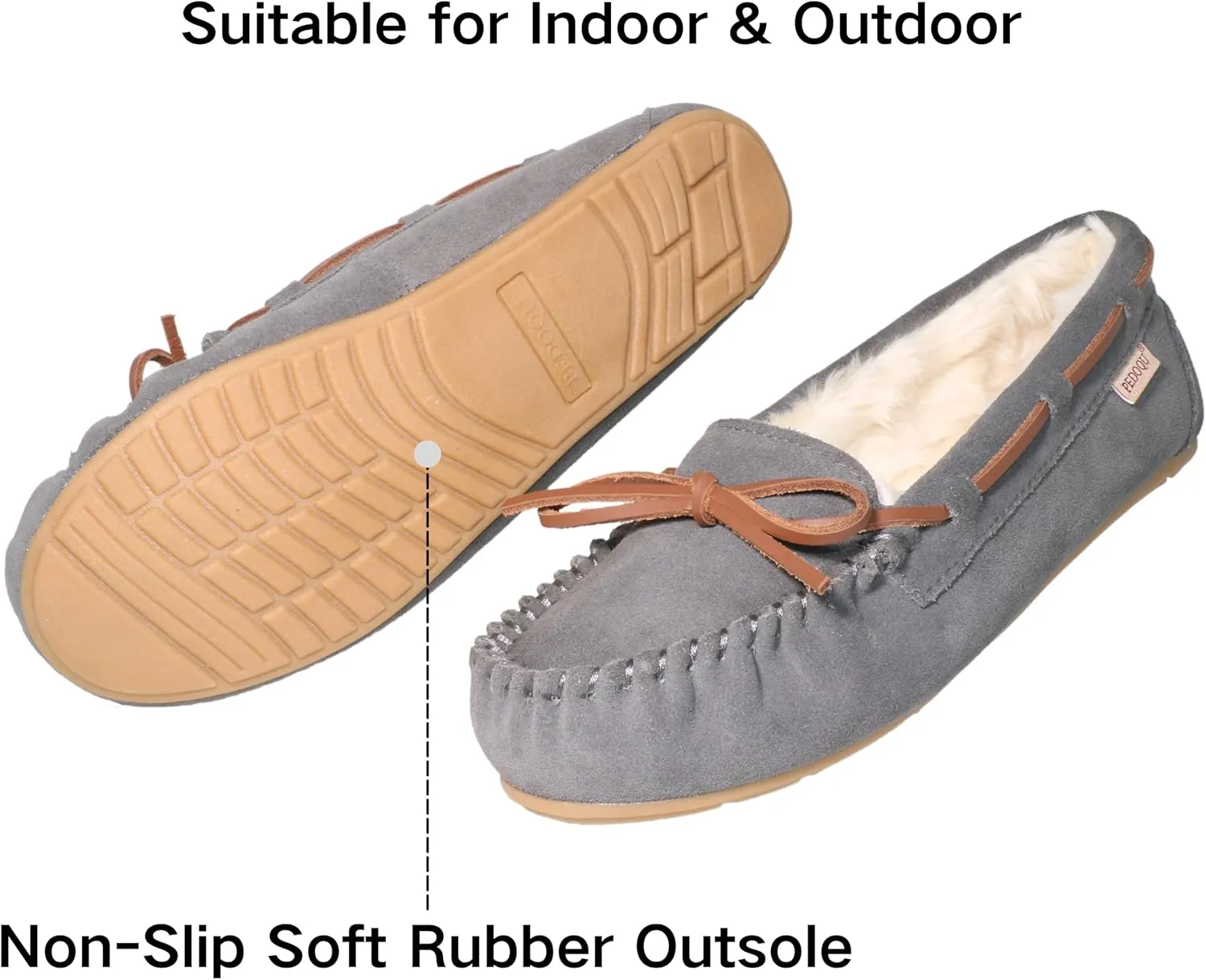 Women's Moccasin Slippers Cow Suede Warm Faux Fur Pile Lined Lace-Up Bow Cozy Indoor & Outdoor Slip On Loafers Shoes for Women
