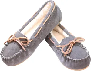 Women's Moccasin Slippers Cow Suede Warm Faux Fur Pile Lined Lace-Up Bow Cozy Indoor & Outdoor Slip On Loafers Shoes for Women