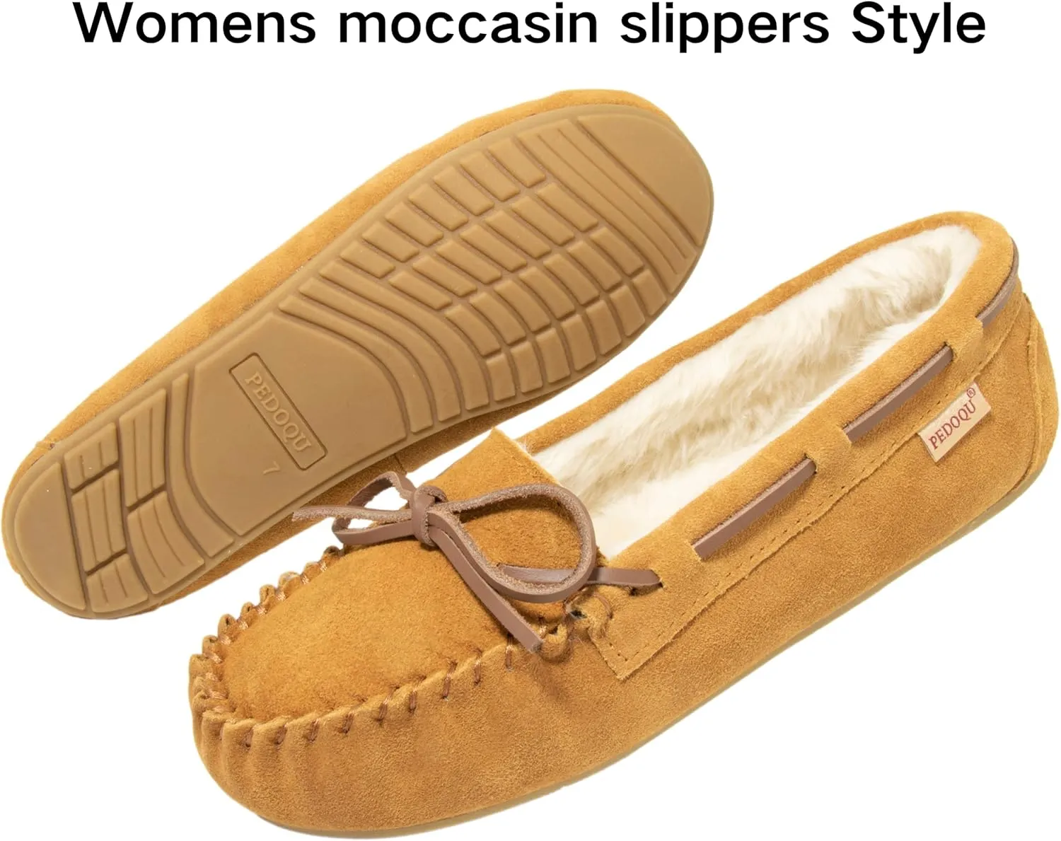 Women's Moccasin Slippers Cow Suede Warm Faux Fur Pile Lined Lace-Up Bow Cozy Indoor & Outdoor Slip On Loafers Shoes for Women