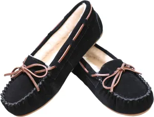 Women's Moccasin Slippers Cow Suede Warm Faux Fur Pile Lined Lace-Up Bow Cozy Indoor & Outdoor Slip On Loafers Shoes for Women