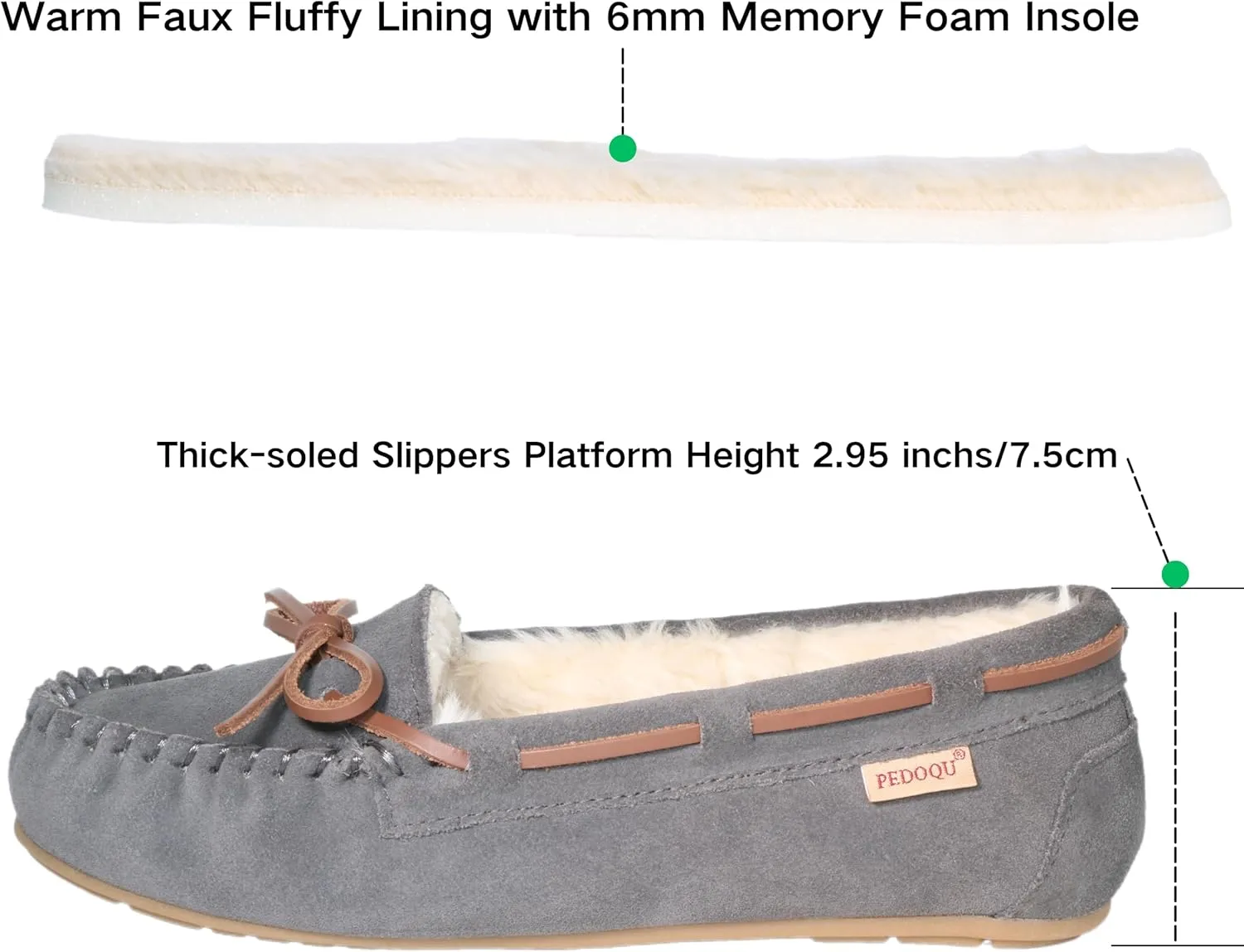 Women's Moccasin Slippers Cow Suede Warm Faux Fur Pile Lined Lace-Up Bow Cozy Indoor & Outdoor Slip On Loafers Shoes for Women