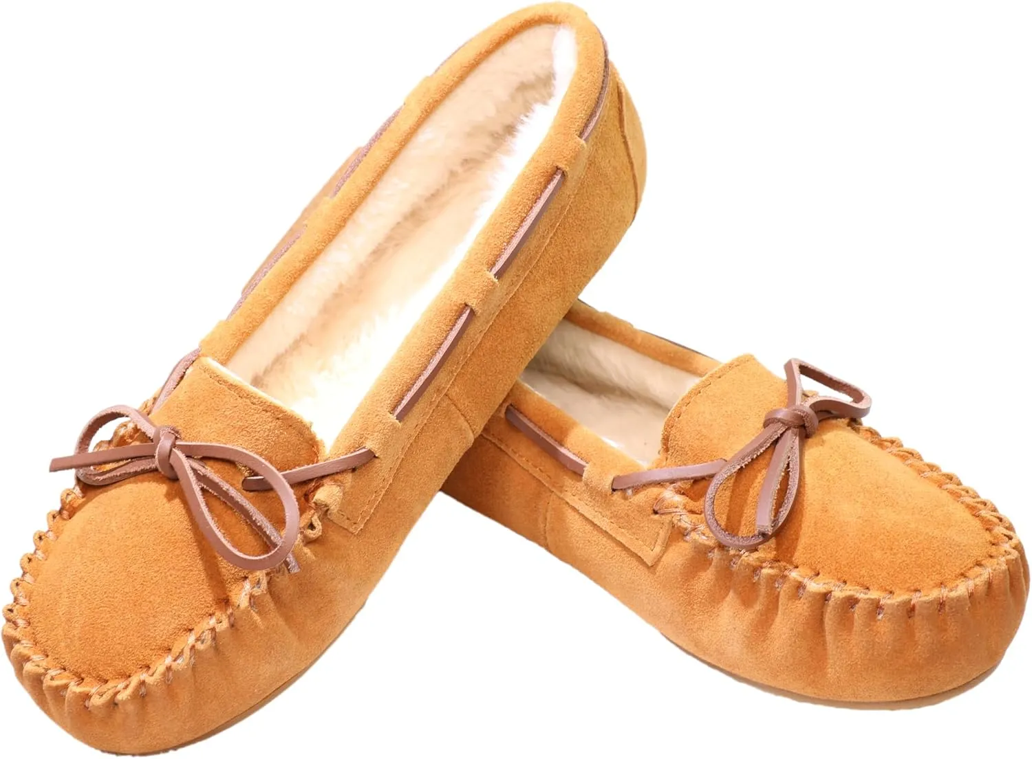 Women's Moccasin Slippers Cow Suede Warm Faux Fur Pile Lined Lace-Up Bow Cozy Indoor & Outdoor Slip On Loafers Shoes for Women