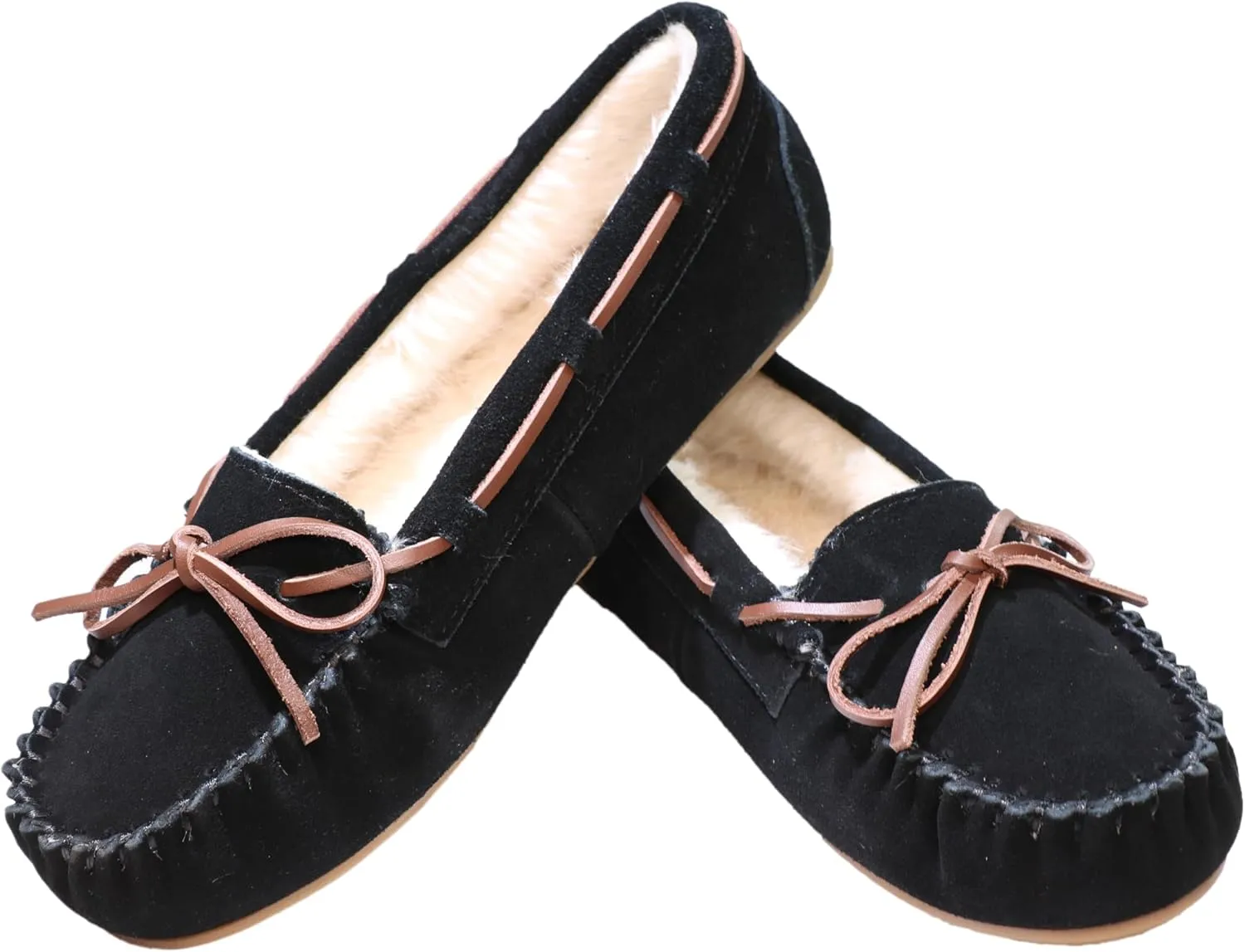 Women's Moccasin Slippers Cow Suede Warm Faux Fur Pile Lined Lace-Up Bow Cozy Indoor & Outdoor Slip On Loafers Shoes for Women