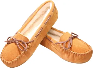 Women's Moccasin Slippers Cow Suede Warm Faux Fur Pile Lined Lace-Up Bow Cozy Indoor & Outdoor Slip On Loafers Shoes for Women
