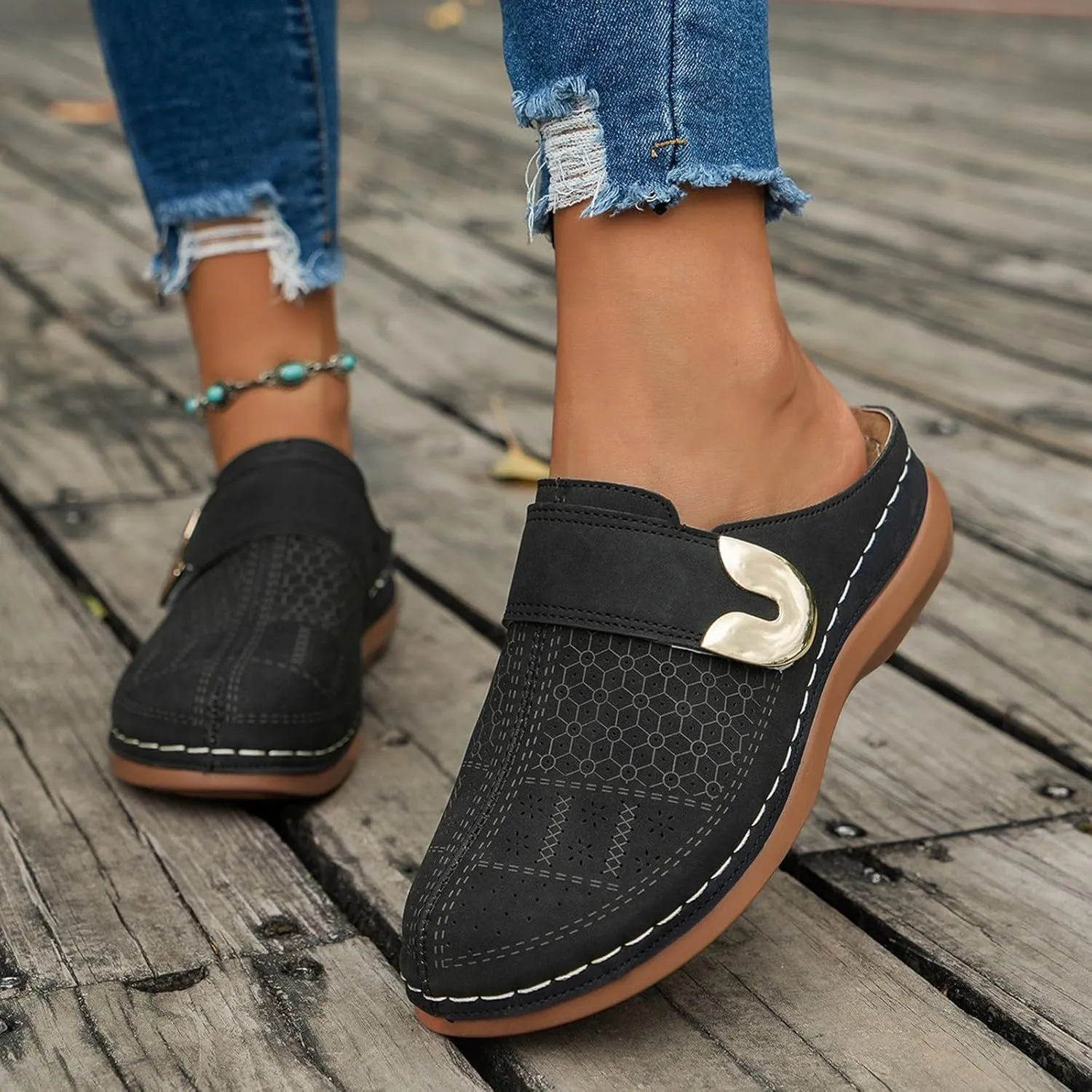 Women's Mules & Clogs Dressy Summer Closed Toe Orthopedic Sandals, Slip On Wide Width Backless Shoes Hollow Out Breathable Platform Sandals All-Match Comfortable Walking Slippers
