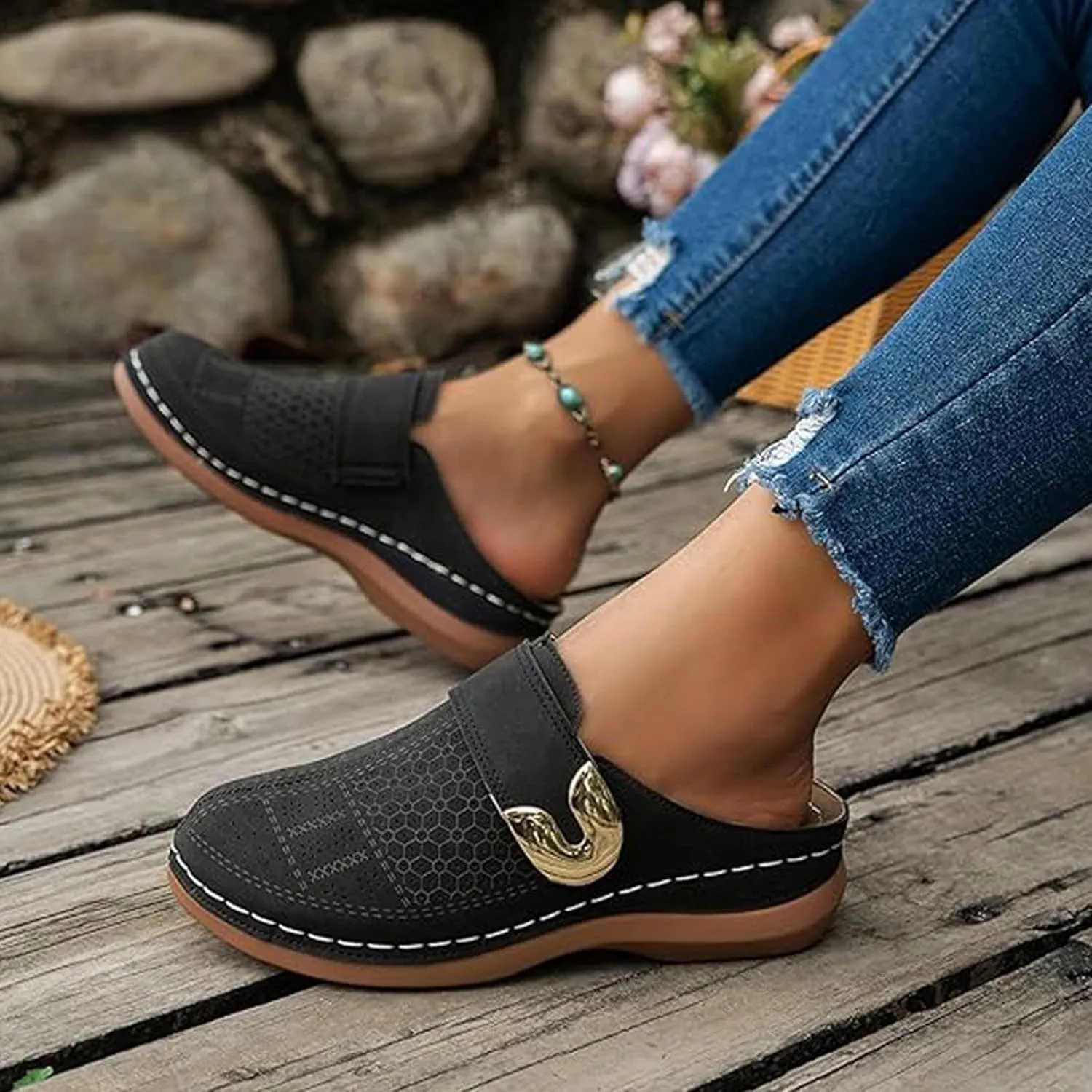 Women's Mules & Clogs Dressy Summer Closed Toe Orthopedic Sandals, Slip On Wide Width Backless Shoes Hollow Out Breathable Platform Sandals All-Match Comfortable Walking Slippers