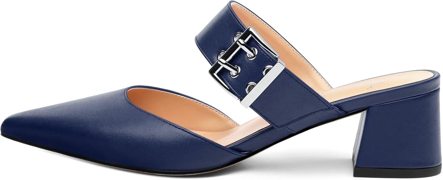 Women's Mules Buckle Adjustable Strap Pointed Toe Comfort Casual Matte Chunky Low Heel Pumps Slide Sandals 2 Inch