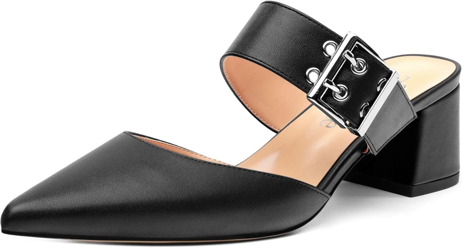 Women's Mules Buckle Adjustable Strap Pointed Toe Comfort Casual Matte Chunky Low Heel Pumps Slide Sandals 2 Inch