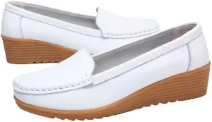 Women's Non Slip Nursing Shoes Leather Comfortable Slip on Flat Shoes Loafers for Restaurant Work