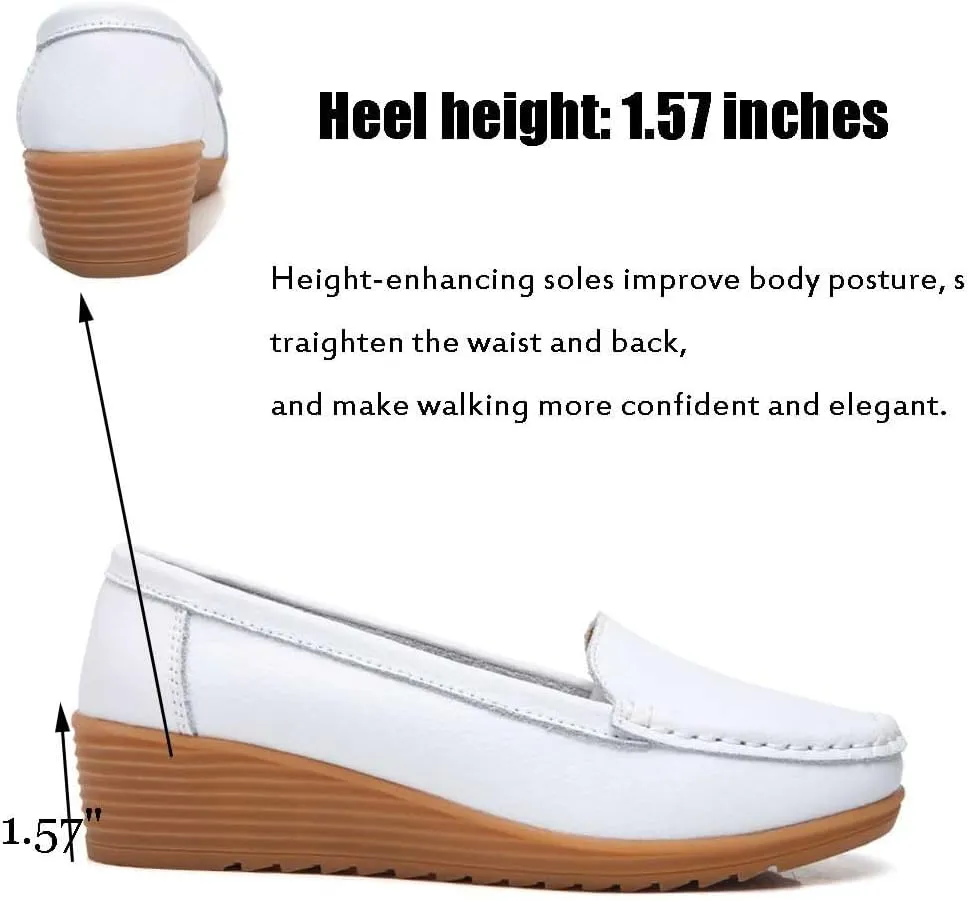 Women's Non Slip Nursing Shoes Leather Comfortable Slip on Flat Shoes Loafers for Restaurant Work