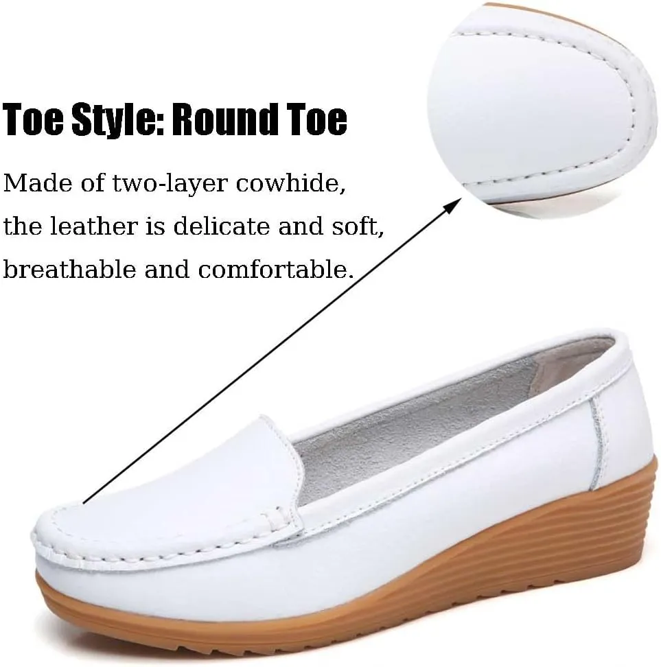 Women's Non Slip Nursing Shoes Leather Comfortable Slip on Flat Shoes Loafers for Restaurant Work