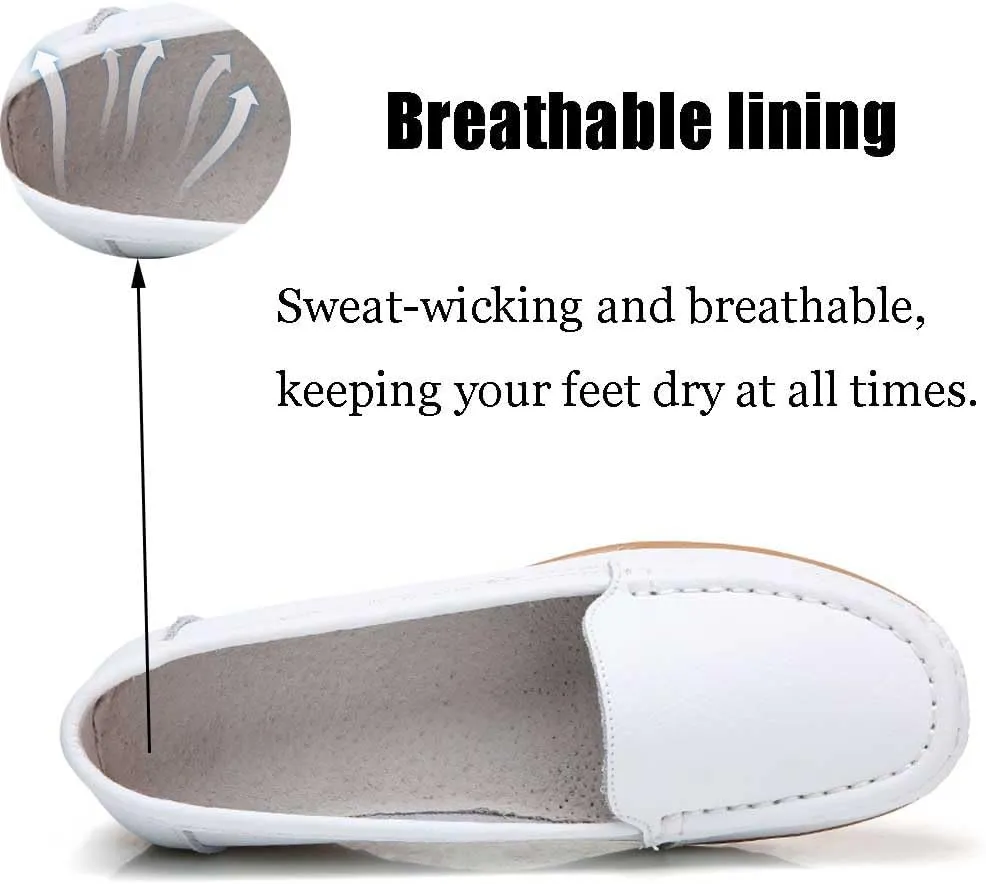 Women's Non Slip Nursing Shoes Leather Comfortable Slip on Flat Shoes Loafers for Restaurant Work