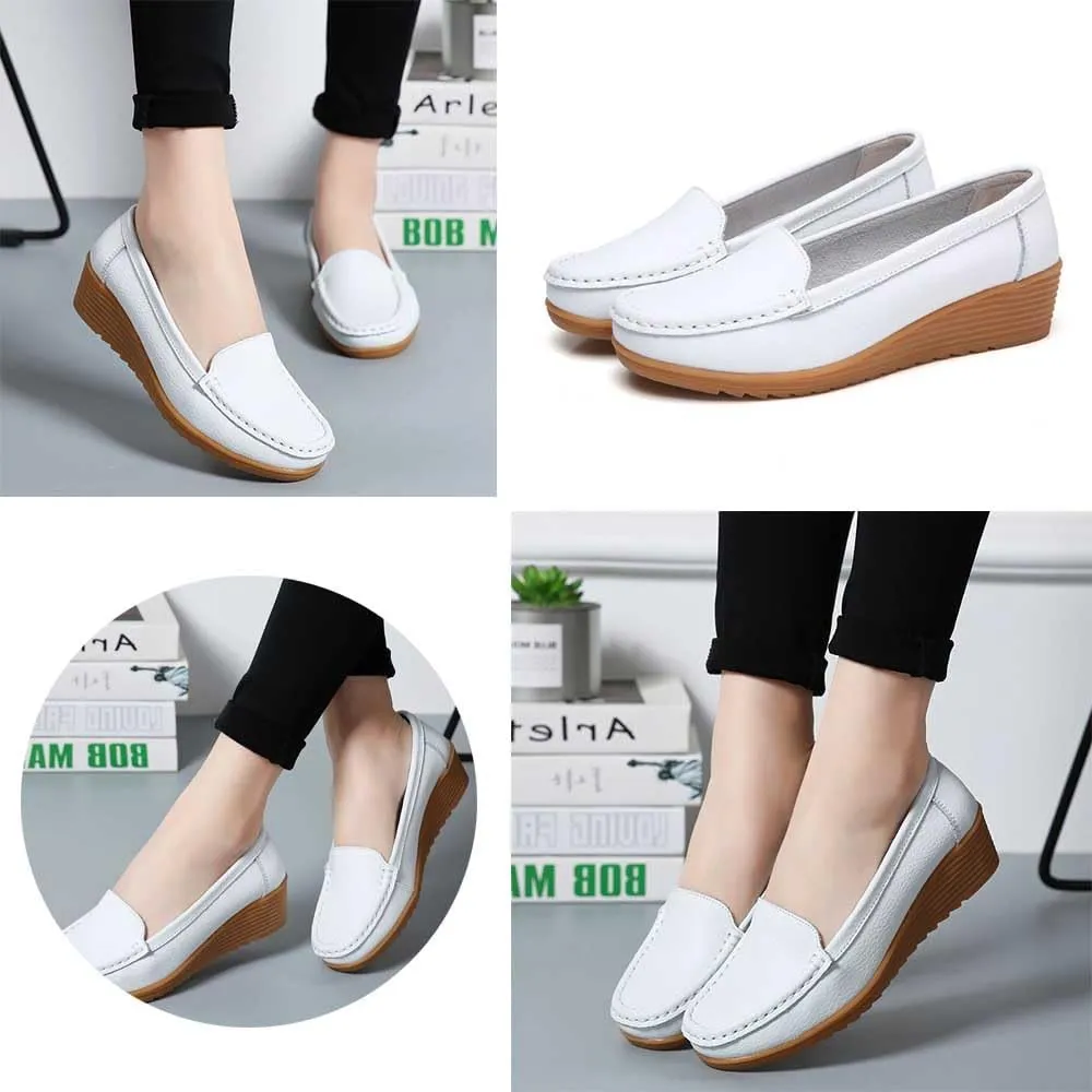 Women's Non Slip Nursing Shoes Leather Comfortable Slip on Flat Shoes Loafers for Restaurant Work