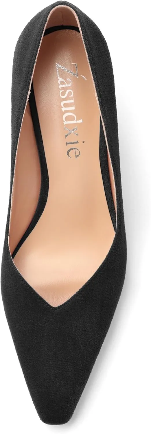 Womens Office Casual Pointed Toe Suede Slip On Stiletto Mid Heel Pumps Shoes 2.55 Inch