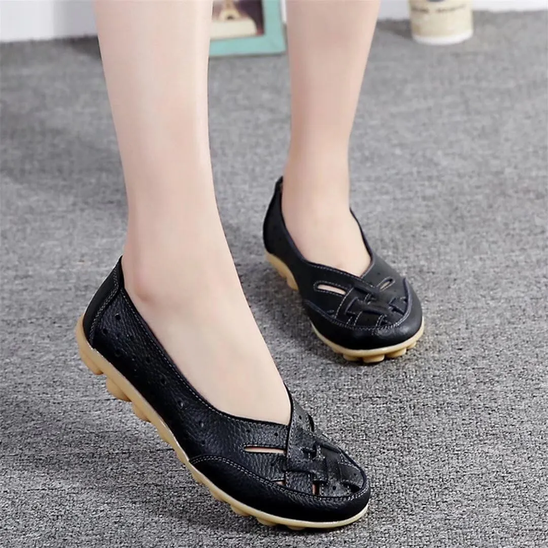 Womens Orthopedic Loafers in Breathable Leather Comfortable Hollow Soft Flats Sandals Summer Casual Slip-On Shoes