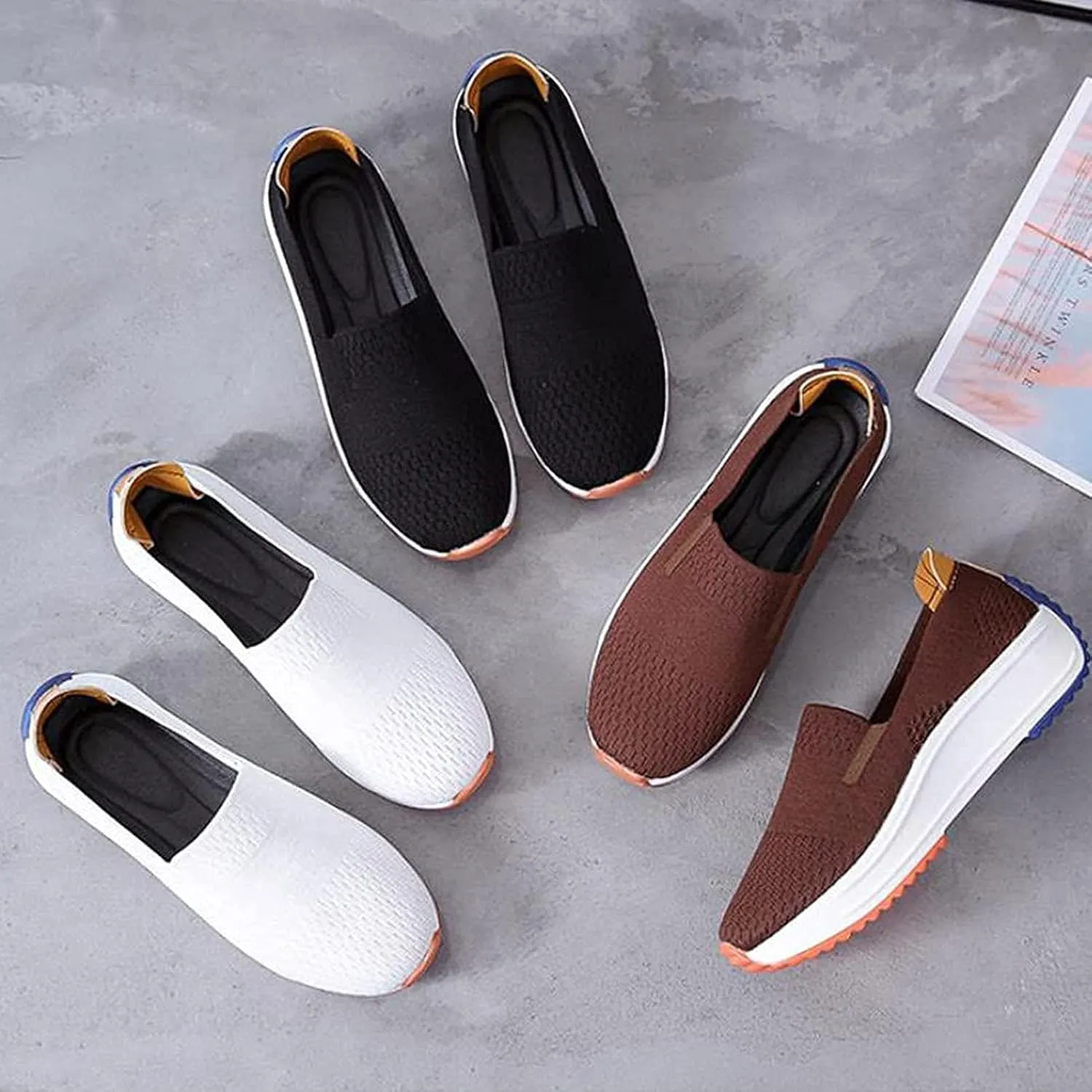 Women's Orthopedic Slip-On Walking Shoes, Comfort Loafers Wide Fit Knit Breathable Mesh Non-Slip Platform Flat Boat Shoes, Lightweight Soft Casual Sneakers