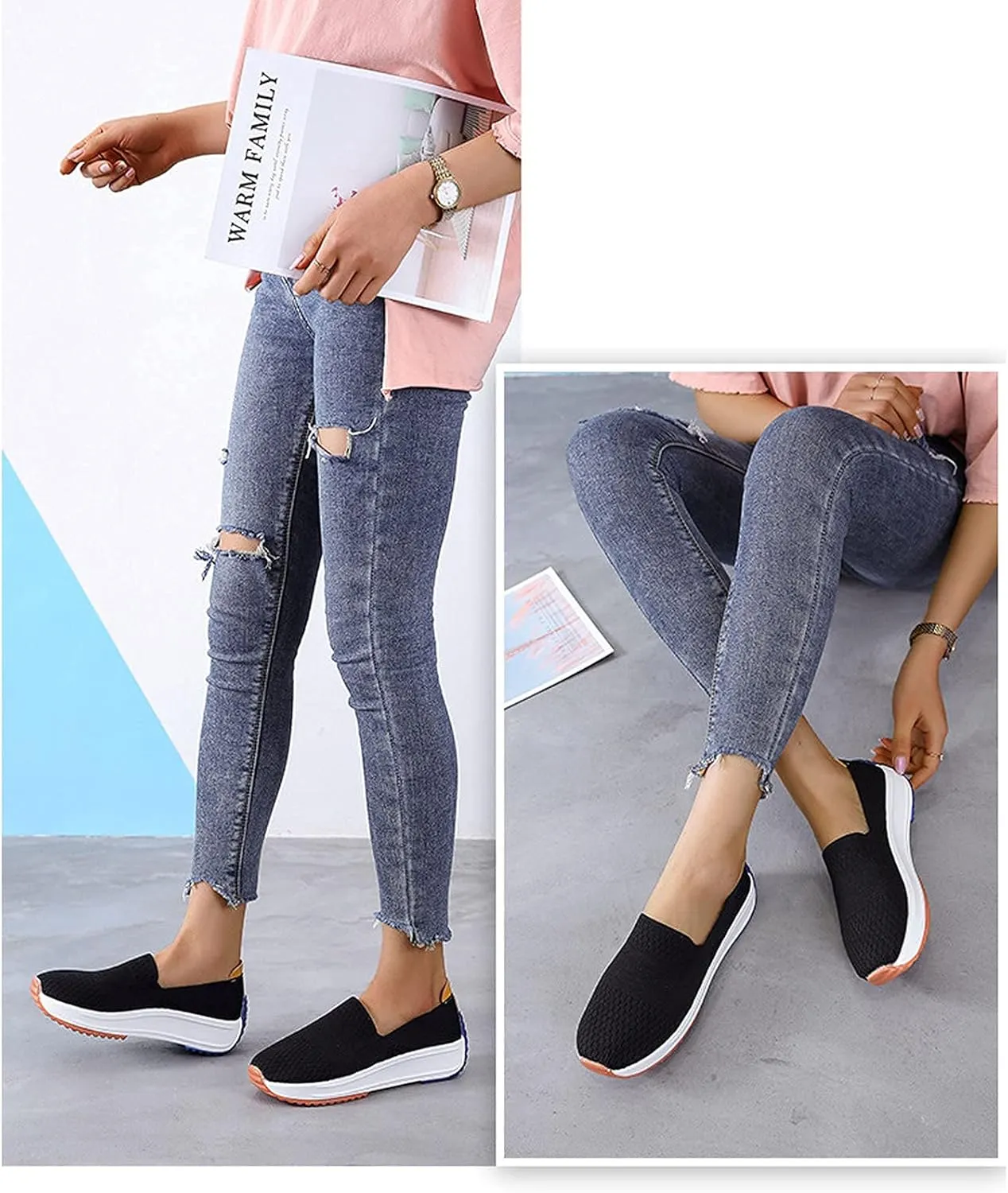 Women's Orthopedic Slip-On Walking Shoes, Comfort Loafers Wide Fit Knit Breathable Mesh Non-Slip Platform Flat Boat Shoes, Lightweight Soft Casual Sneakers