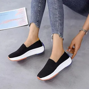 Women's Orthopedic Slip-On Walking Shoes, Comfort Loafers Wide Fit Knit Breathable Mesh Non-Slip Platform Flat Boat Shoes, Lightweight Soft Casual Sneakers