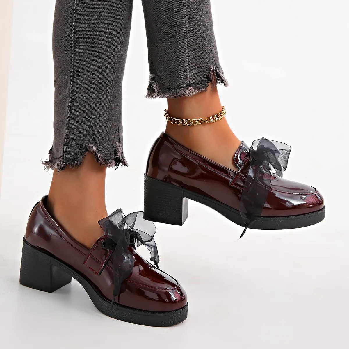 Women's Patent Leather Slip-On Penny Loafers Flats Bow Slip-On Stylish Loafers Dress Shoes