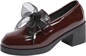 Women's Patent Leather Slip-On Penny Loafers Flats Bow Slip-On Stylish Loafers Dress Shoes