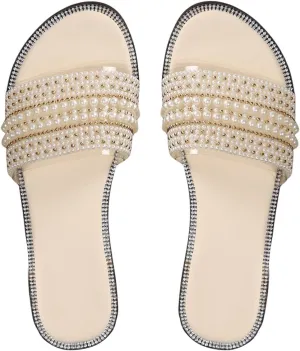 Women's Pearl Beaded Flat Sandals Dressy Round Open Toe Sandals Faux Leather Beach Slide Shoes