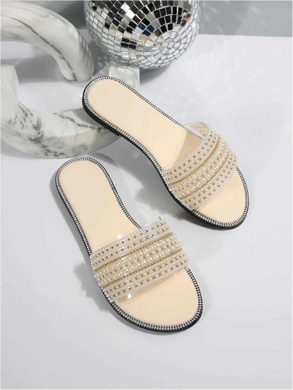 Women's Pearl Beaded Flat Sandals Dressy Round Open Toe Sandals Faux Leather Beach Slide Shoes