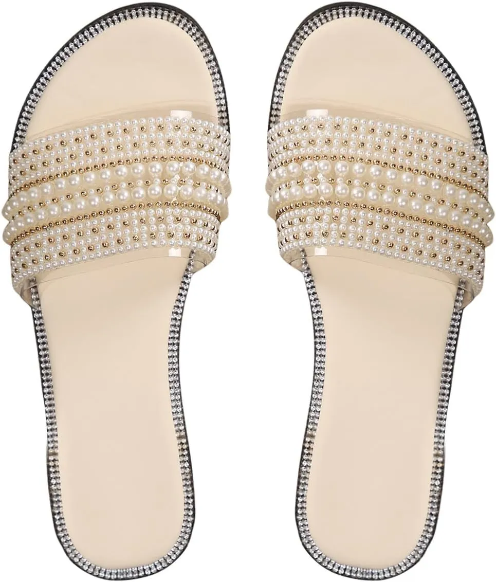 Women's Pearl Beaded Flat Sandals Dressy Round Open Toe Sandals Faux Leather Beach Slide Shoes