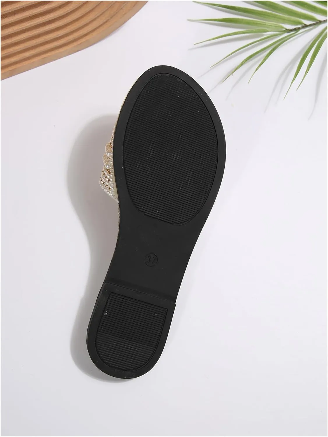 Women's Pearl Beaded Flat Sandals Dressy Round Open Toe Sandals Faux Leather Beach Slide Shoes