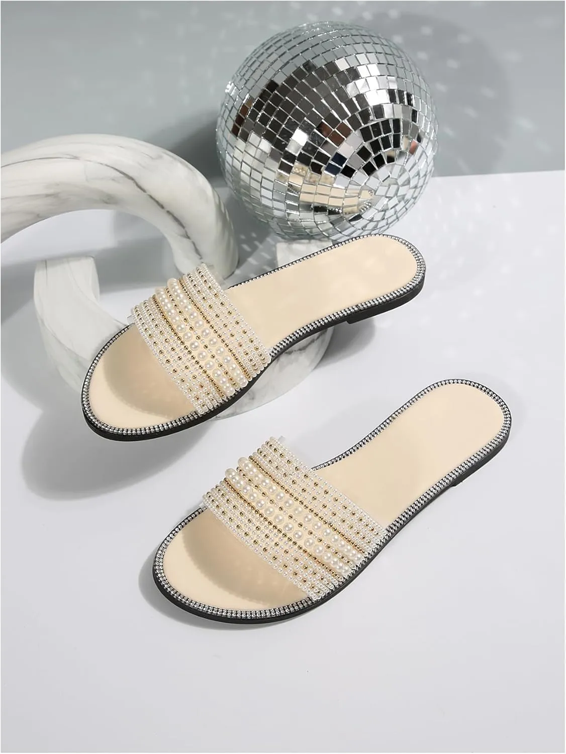 Women's Pearl Beaded Flat Sandals Dressy Round Open Toe Sandals Faux Leather Beach Slide Shoes
