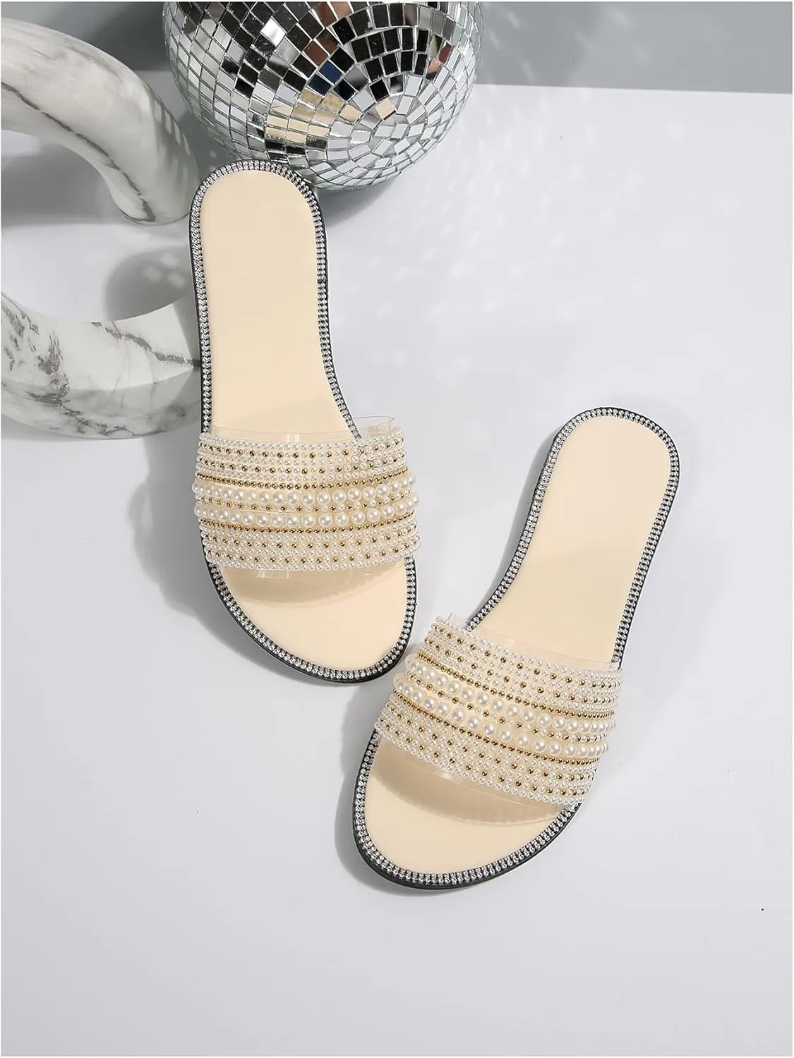 Women's Pearl Beaded Flat Sandals Dressy Round Open Toe Sandals Faux Leather Beach Slide Shoes