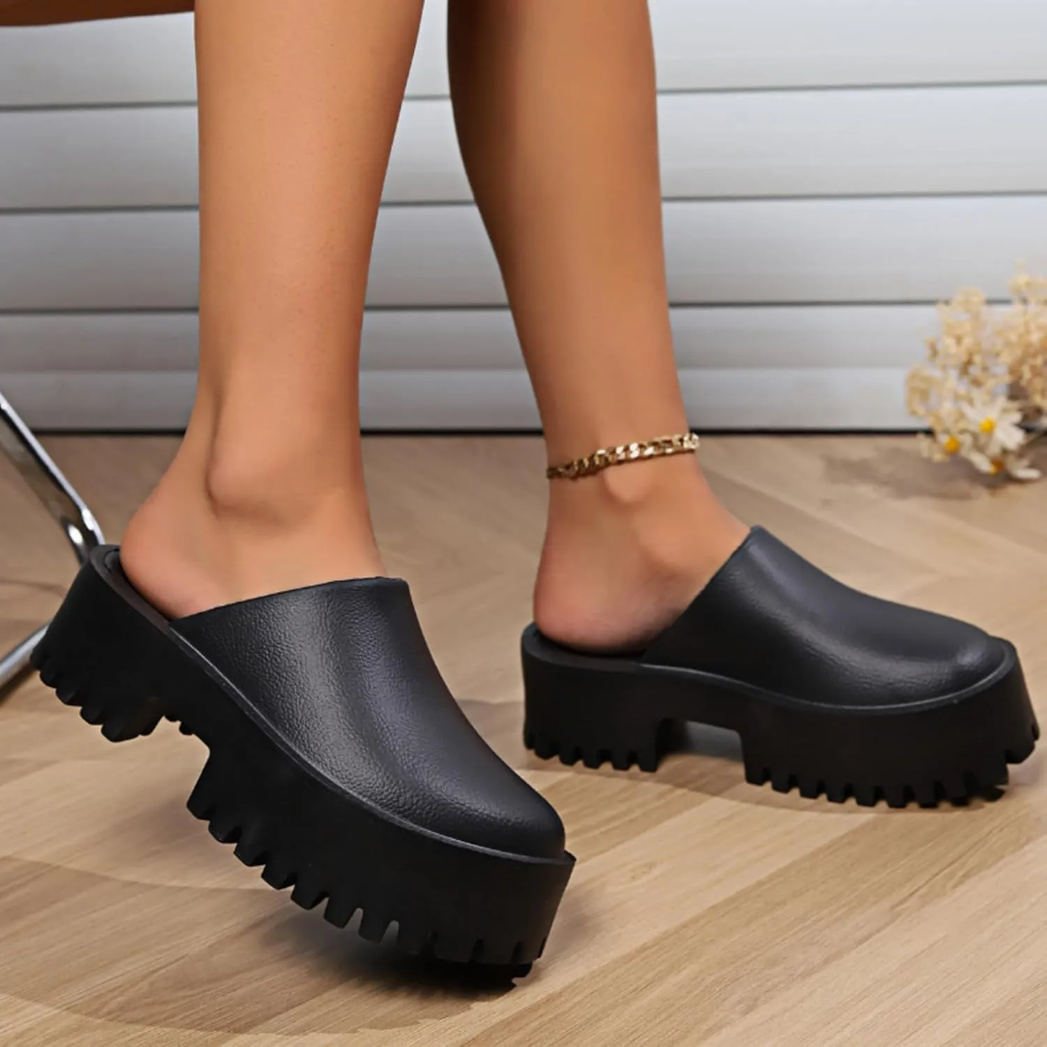 Womens Platform Mules Slip On Sandals Closed Toe Clogs Non-Slip Thick Sole Waterproof Slippers
