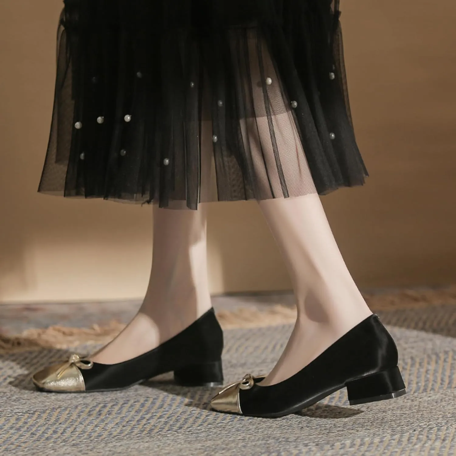 Women's Pumps Bow Tie Color Block Chunky Low Heels Square Toe Closed Toe Slip On Comfortable Heels Casual Fashion Dress Shoes