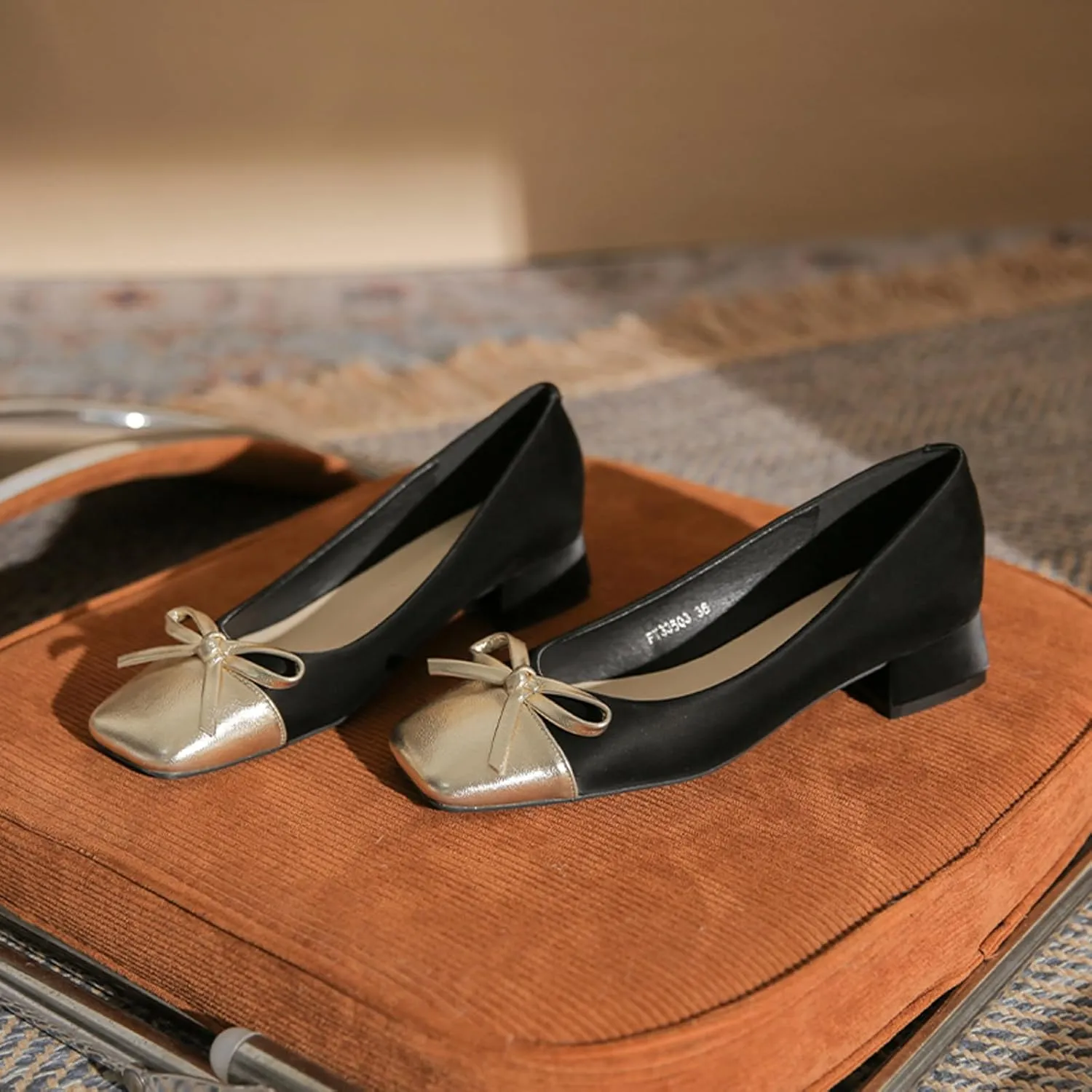 Women's Pumps Bow Tie Color Block Chunky Low Heels Square Toe Closed Toe Slip On Comfortable Heels Casual Fashion Dress Shoes