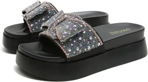 Women's Rhinestone Bow Platform Cloud Slides Sandals Soft Memory Foam Padded Chunky Platform Fashion Comfy Slippers Non-Slip Round Head Slip On Summer Beach Slides