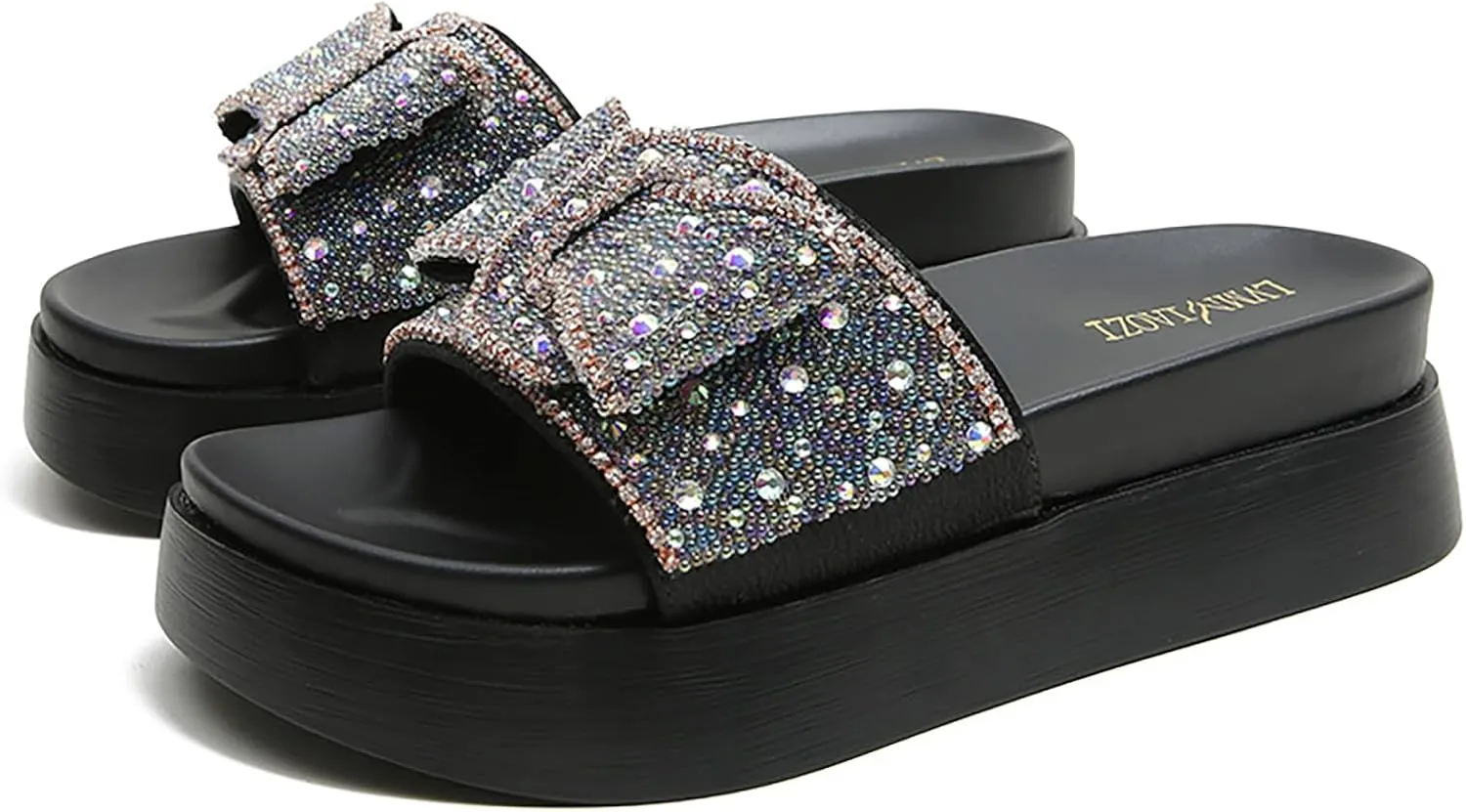 Women's Rhinestone Bow Platform Cloud Slides Sandals Soft Memory Foam Padded Chunky Platform Fashion Comfy Slippers Non-Slip Round Head Slip On Summer Beach Slides