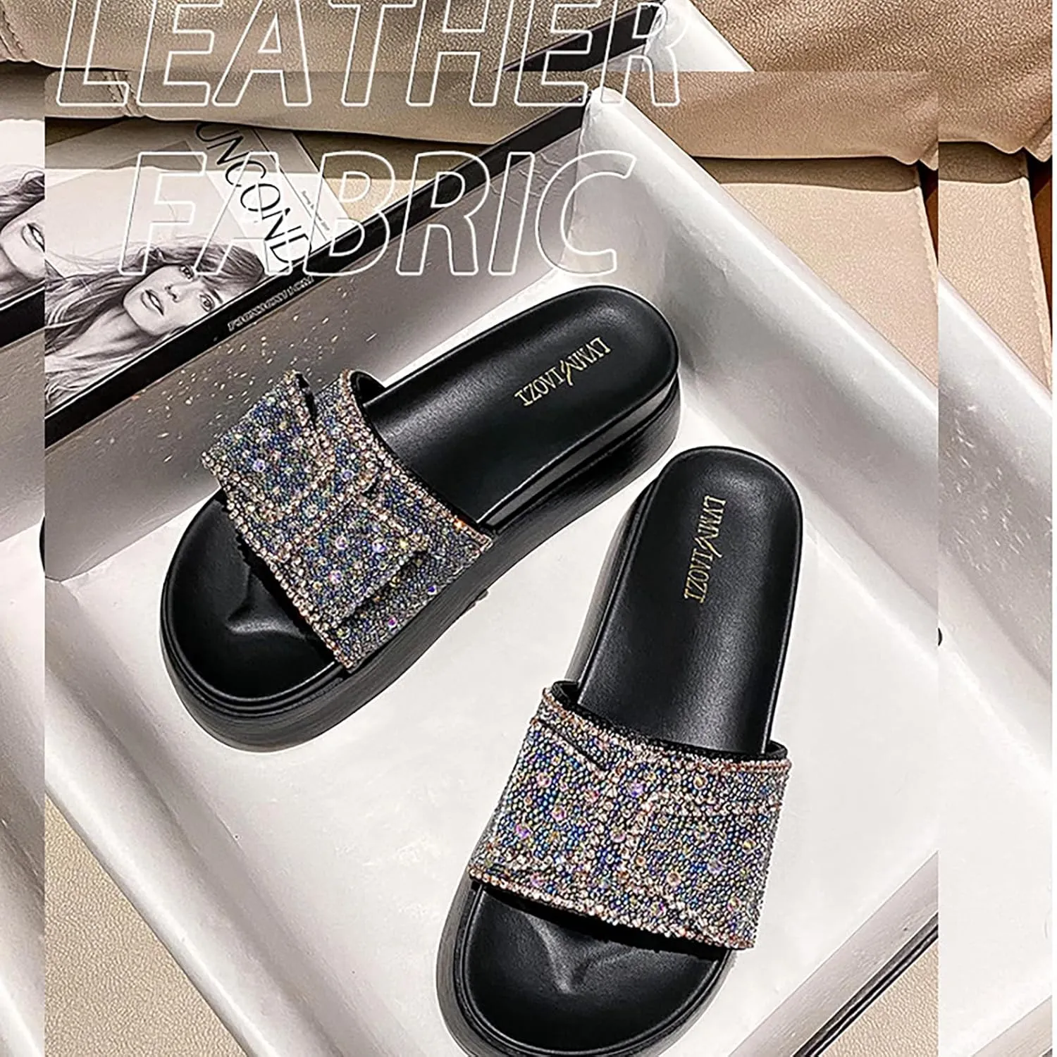Women's Rhinestone Bow Platform Cloud Slides Sandals Soft Memory Foam Padded Chunky Platform Fashion Comfy Slippers Non-Slip Round Head Slip On Summer Beach Slides