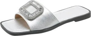 Women's Rhinestone Sequins Flat Slides Sandals Fashion Non-Slip Square Toe Slip On Summer Walking Slippers for Outdoor Beach Work Wedding Party