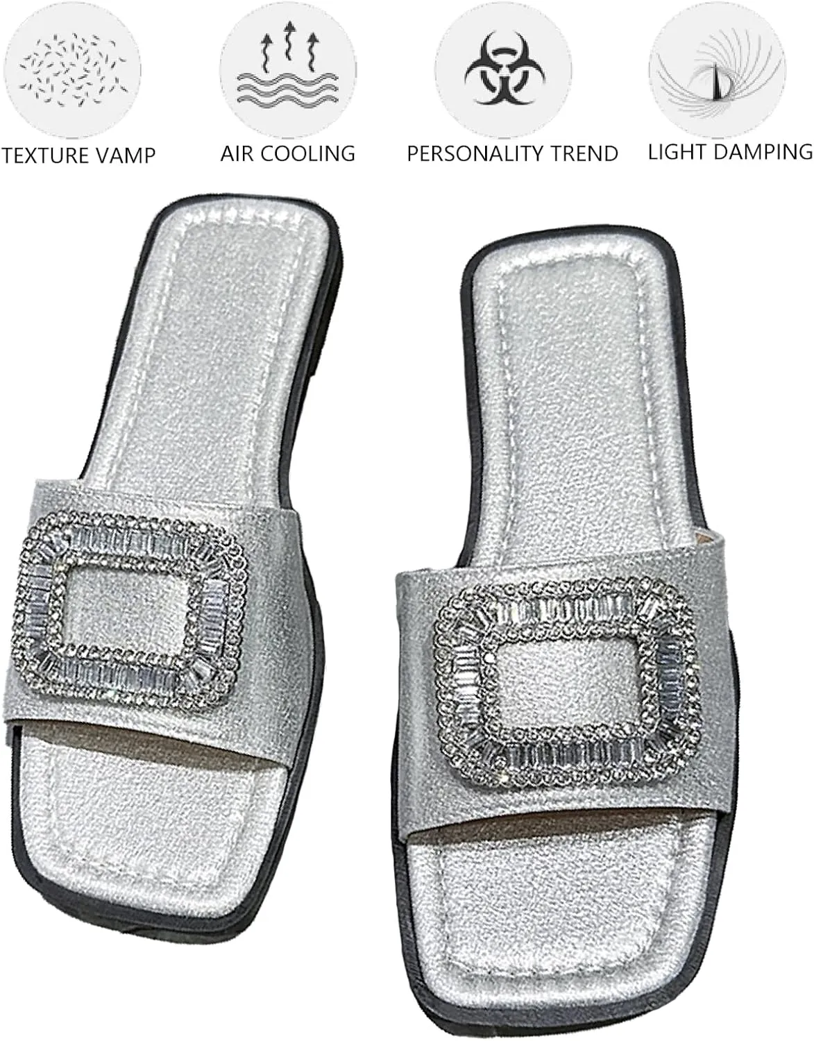 Women's Rhinestone Sequins Flat Slides Sandals Fashion Non-Slip Square Toe Slip On Summer Walking Slippers for Outdoor Beach Work Wedding Party