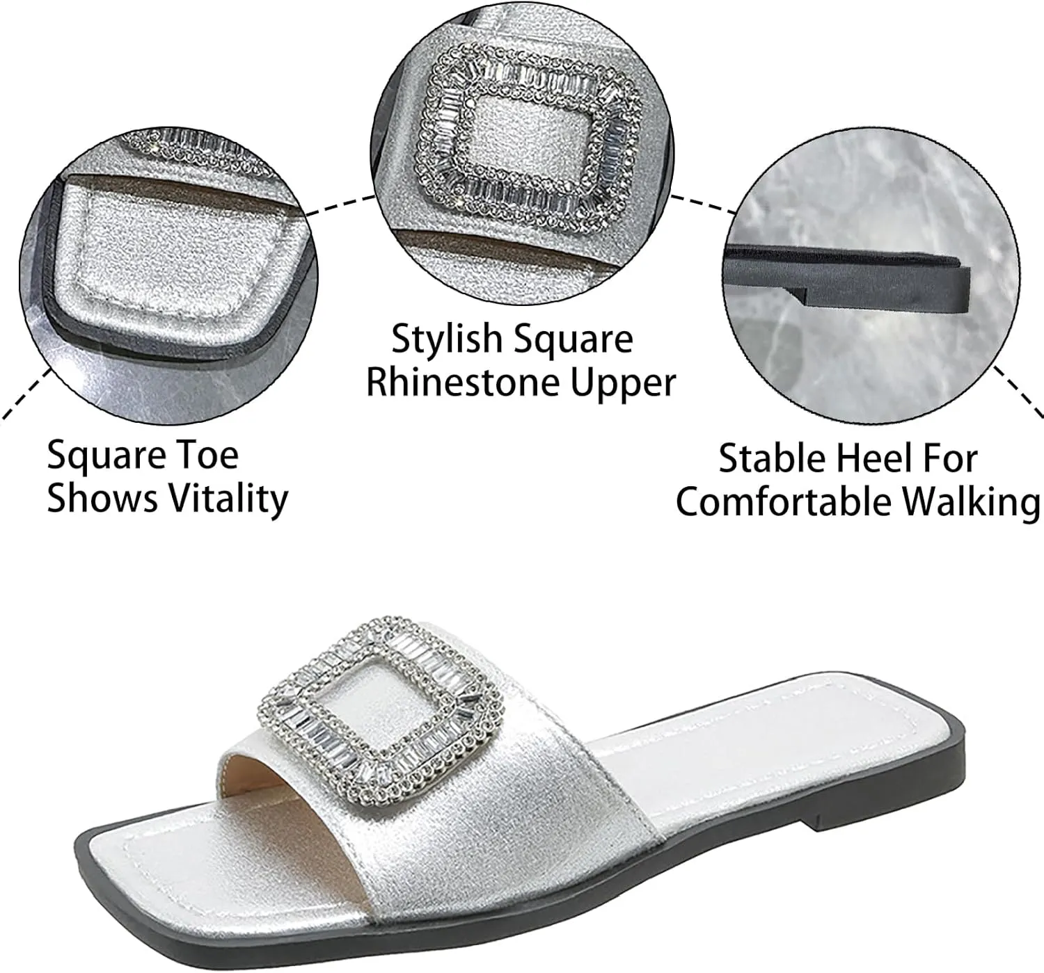Women's Rhinestone Sequins Flat Slides Sandals Fashion Non-Slip Square Toe Slip On Summer Walking Slippers for Outdoor Beach Work Wedding Party