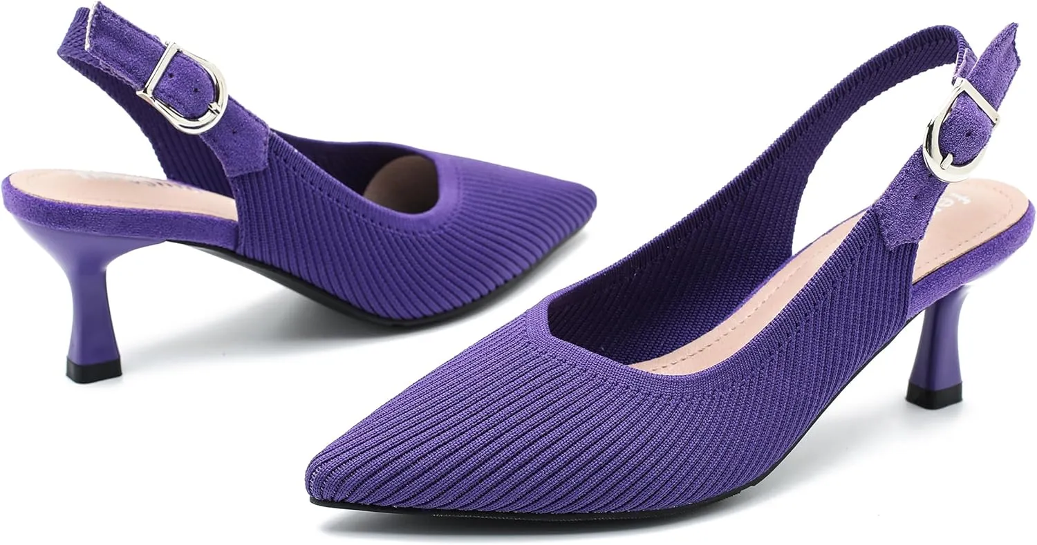 Women's Slingback Kitten Heels Pointed Toe Knit Pumps Slip On Dress Shoes