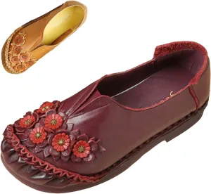 Women's Slip On Leather Casual Dress Shoes,Comfort Vintage Handmade Flowers Cut Non-slip Ox Soft Sole Walking Loafers