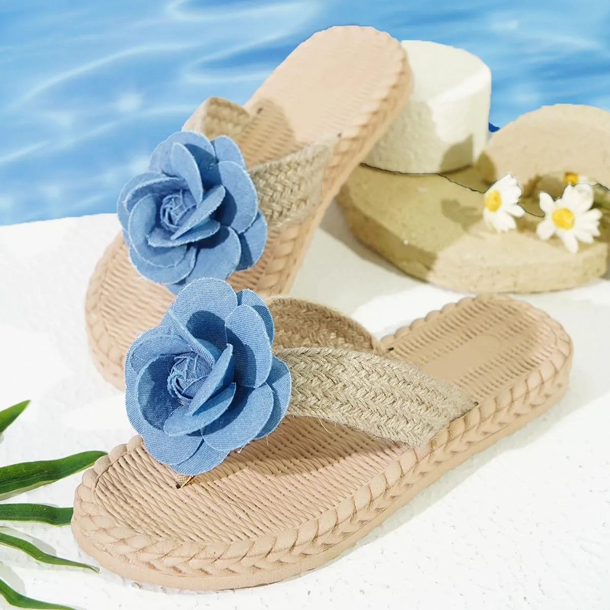 Women's Stylish Knitted Slippers with Blue Flower Decoration - Cute Summer Dressy Shoes Slide Sandals Comfortable for Everyday Use