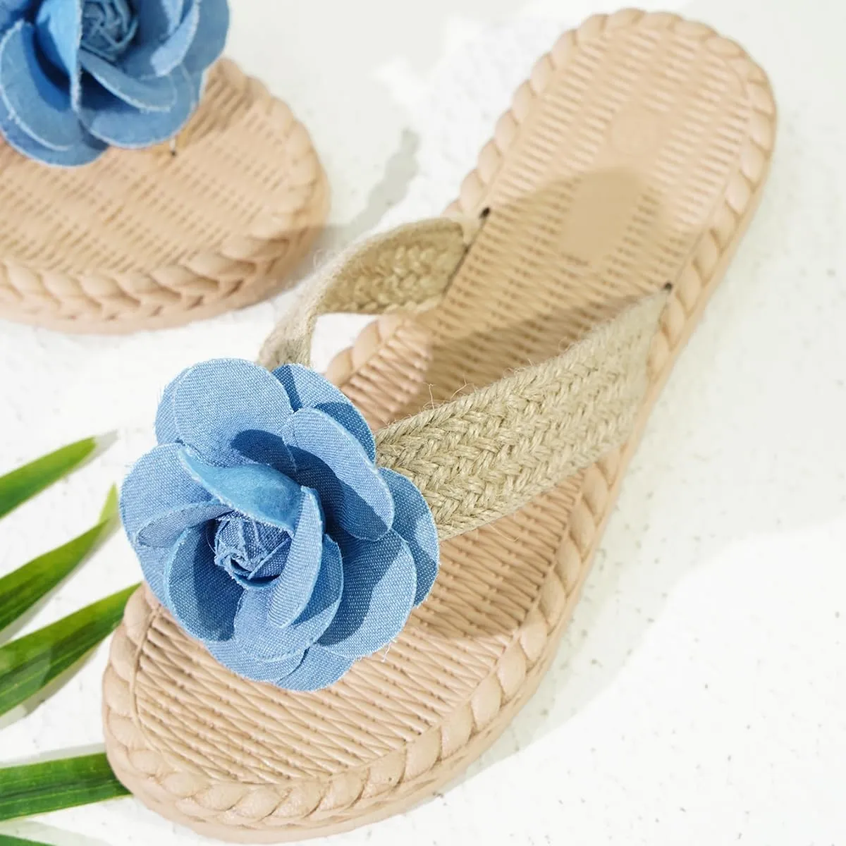 Women's Stylish Knitted Slippers with Blue Flower Decoration - Cute Summer Dressy Shoes Slide Sandals Comfortable for Everyday Use