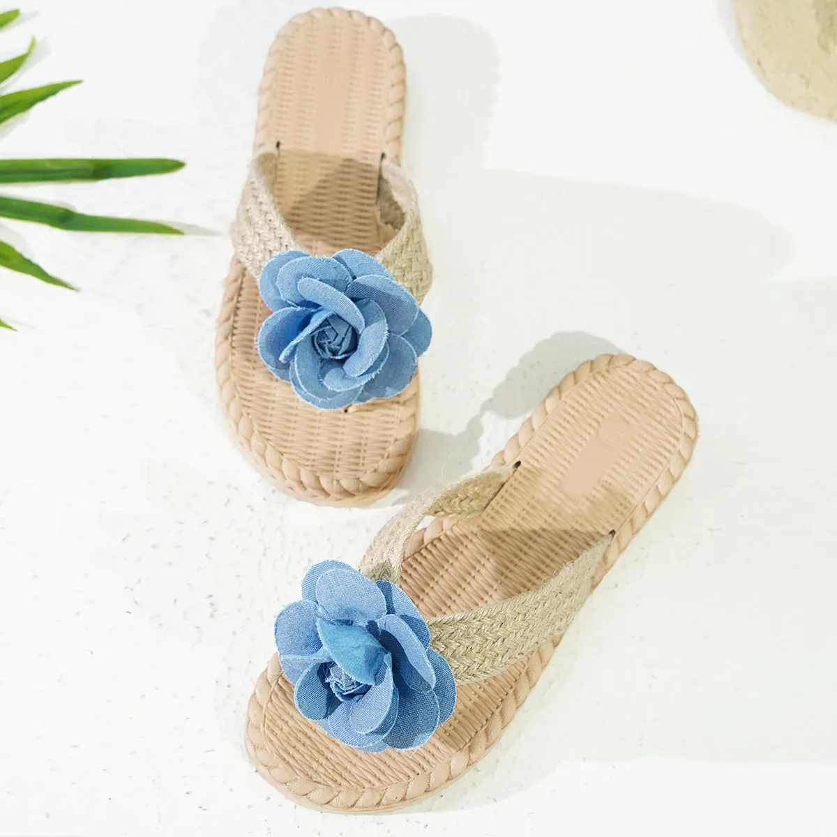 Women's Stylish Knitted Slippers with Blue Flower Decoration - Cute Summer Dressy Shoes Slide Sandals Comfortable for Everyday Use