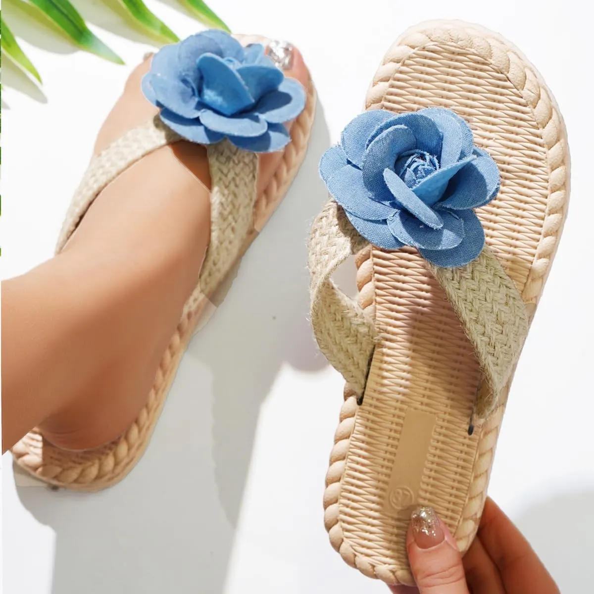 Women's Stylish Knitted Slippers with Blue Flower Decoration - Cute Summer Dressy Shoes Slide Sandals Comfortable for Everyday Use