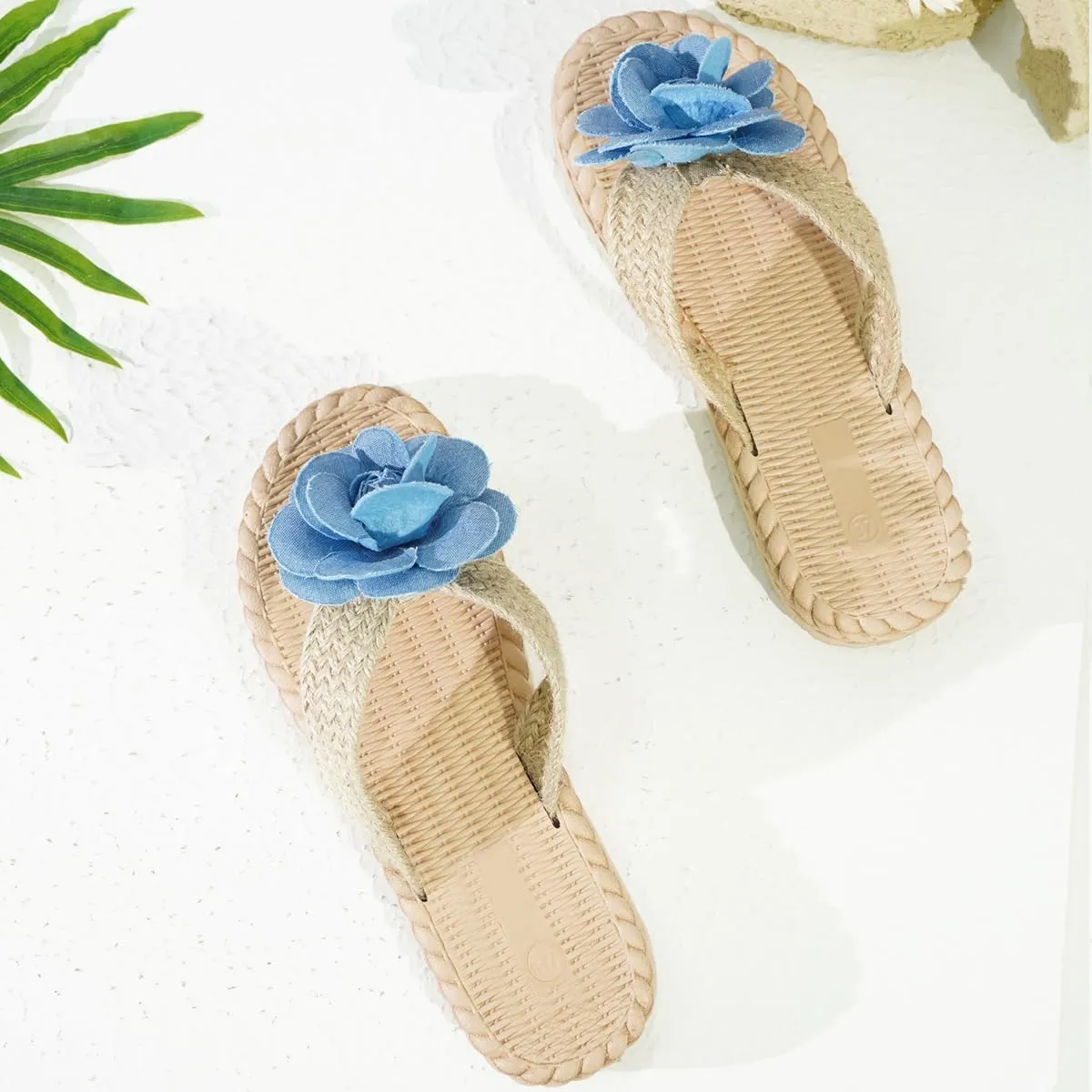Women's Stylish Knitted Slippers with Blue Flower Decoration - Cute Summer Dressy Shoes Slide Sandals Comfortable for Everyday Use