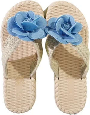 Women's Stylish Knitted Slippers with Blue Flower Decoration - Cute Summer Dressy Shoes Slide Sandals Comfortable for Everyday Use