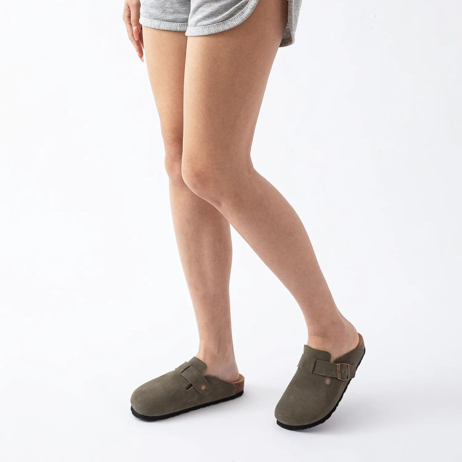 Women's Suede Clogs Cork Footbed Clogs for Women Soft Leather Adjustable Buckle Slip-on Potato Shoes Sandals